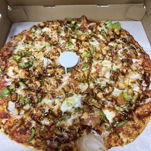 BBQ chicken something or other; amazing pizza! Quick, clean, and pretty good. Seems to be our new "go to" when hungry &amp; with the munchies!