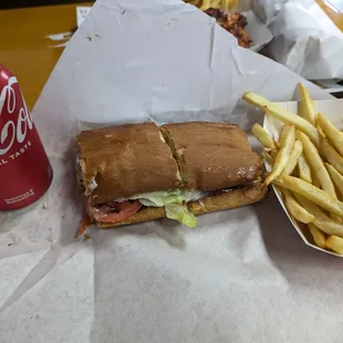 Turkey bacon sandwich and fries