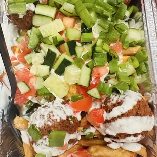 Loaded Falafel Fries-  The falafel was great and all the fresh stuff but made the fries cold fast.  Overall it was delicious and flavorful
