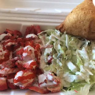 Chicken over rice &amp; Samosa