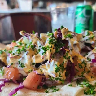 Unwrapped falafel wrap. Delicious as it looks! Add white sauce and hot sauce.