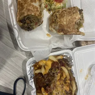steak burrito. chili cheese fries