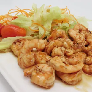 Teriyaki Shrimp served w. rice and salad. $8.50