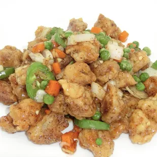 Black Pepper Chicken served w. rice. $7.75