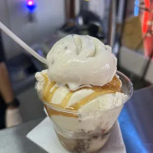 My birthday ice cream treat; Butter Pecan and Espresso Fudge ice cream with chocolate and caramel syrups and whipped cream