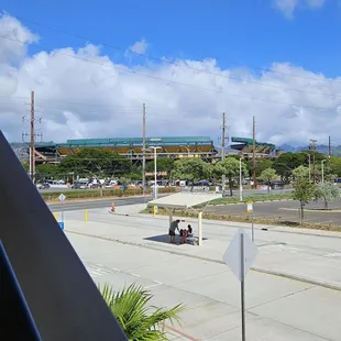 View of the Aloha Stadium from the station. Bus connections are downstairs.