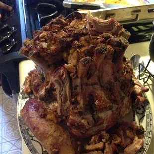 Crown pork roast with a mushroom, pear, pine nut stuffing