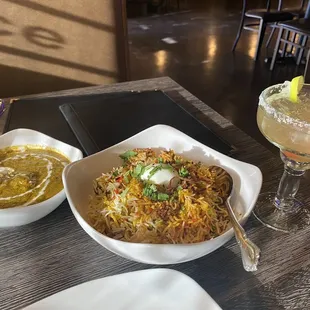 Palak paneer, lamb briani, masala margarita