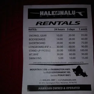 Hale Nalu rentals rates as of 1/18