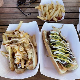 Robin dog, pesto dog, and fries