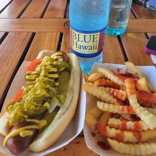 a hot dog and french fries