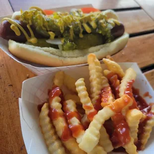 a hot dog and french fries