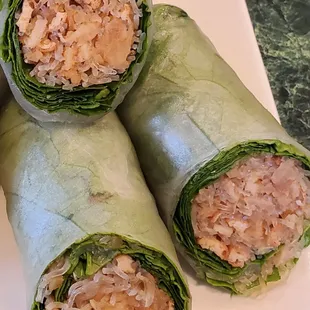 Up close, Temple Rolls: non fried. Tofu, yam, potatoes, basil, mint, lettuce.