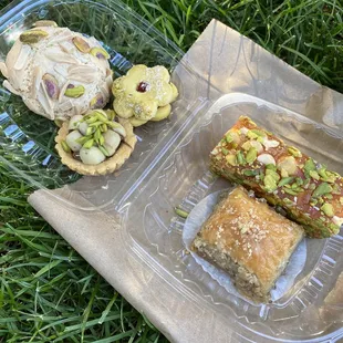 Almond flour cookie, chocolate hazelnut tart, jam shortbread sandwich, Turkish delight, baklava