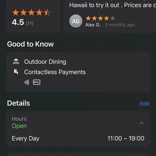 The hours are incorrect came at 5pm on Sunday and it's closed....