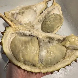 Unfortunately the fresh durian we bought was rotten. The fruit pods were turning brown/gray