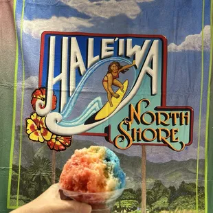 Haleiwa sign towel with shave ice + Chocolate ice cream