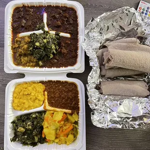 Top: Meat Combo Platter. Bottom: Veggie Combo Platter. Right: Injrea