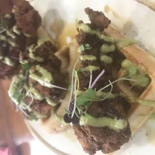 Chicken &amp; Waffles!!!  Belgian waffles, butter milk fried chicken &amp; Habanero infused maple syrup.