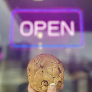  hand holding a chocolate chip cookie