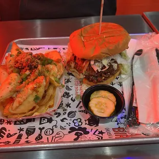 Yuzu Hot Honey sando with Chili Garlic Cheese French Fry Dipper and pickles on the side