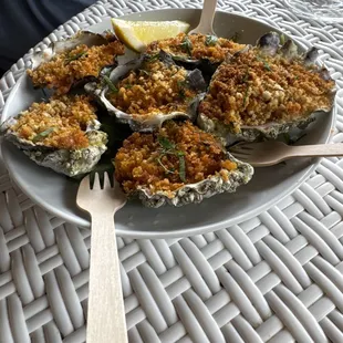 Oysters Rockefeller - baked with compound butter and Italian breadcrumbs