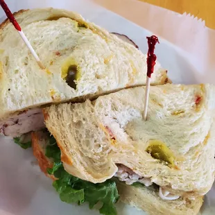 Chicken club on jalapeno cheddar - the bread did not hold up