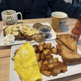 Cinnamon French toast with PB and bananas, side of turkey sausage and Western omelette with potatoes and whole wheat toast