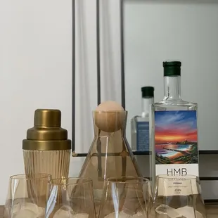 bottles and glasses on a table