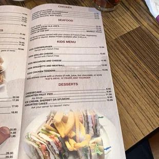 Menu: Chicken dishes, seafood options, kids menu, and a variety of desserts. May 2024