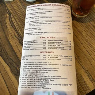 Menu: Pancakes, French toast, Belgian waffles, side orders, and beverage options. May 2024