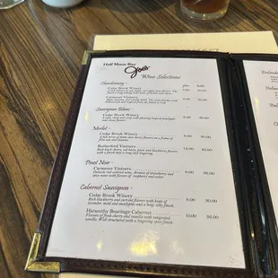 Menu: A selection of wines available. May 2024