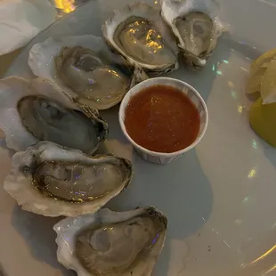 a plate of oysters with a side of ketchup