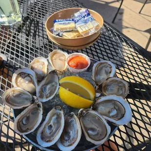 A dozen raw oyster most of them tiny only 1 sauce included