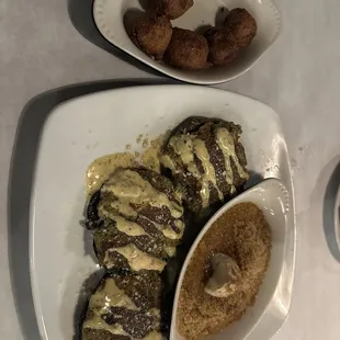 Seafood stuff portabella mushrooms with jalapeños hush puppies and sweet potato side