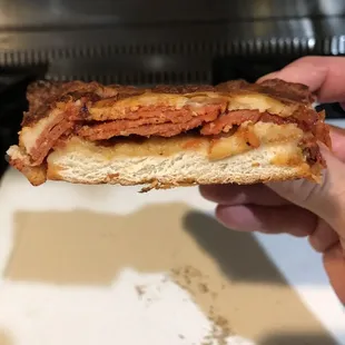 Cross section of the pepperoni. "Dad, it's like eating a sub."  In a good way.