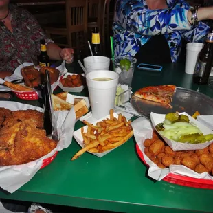 fried chicken, fried okra, french fries