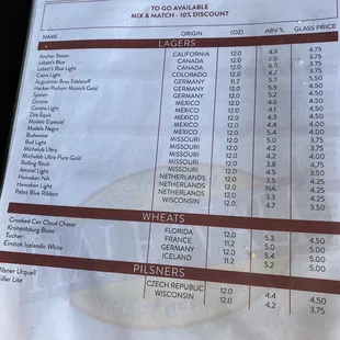 a menu for a bottle and can beer