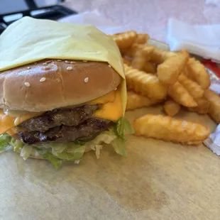 Double flame burger and fries.