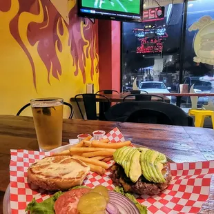 Dine-in: the Alley-Oop Burger with jalapeños and a Stella Artois.