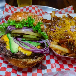 avocado, bacon cheese burger w/chili cheese fries $16.70