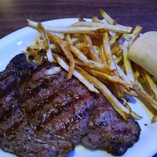 12 oz. ribeye, homemade fries, warm dinner roll.