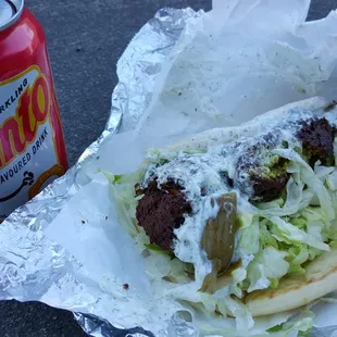 Falafel sandwich and Vimto soda