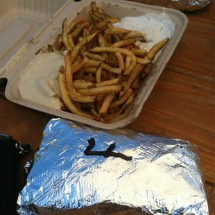 Falafel sandwich and double-dipped french fries