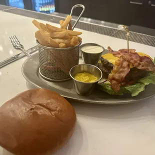 Burger bun on side because I limit my bread intake