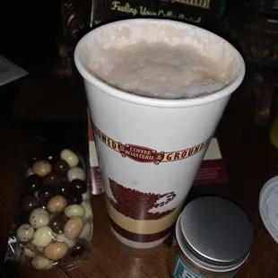 Mixed Chocolate covered espresso beans, large sf vanilla cappuccino w/almond milk, and black and Bleu seasoning