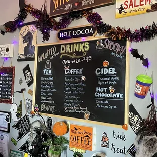 Drink menu for teas, coffee, and cider