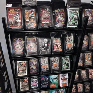 a shelf of halloween tea bags