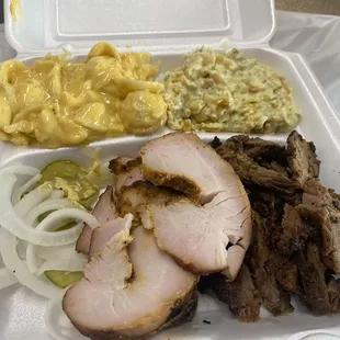 Two meat plate.  Turkey, brisket, jalapeño corn, Mac and cheese