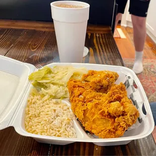 Wednesday night fried chicken special, steamed cabbage, rice and gravy. Yum yum!